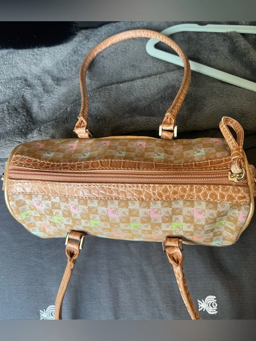 Liz Claiborne Multicolor Monogram Satchel with Tan Trim